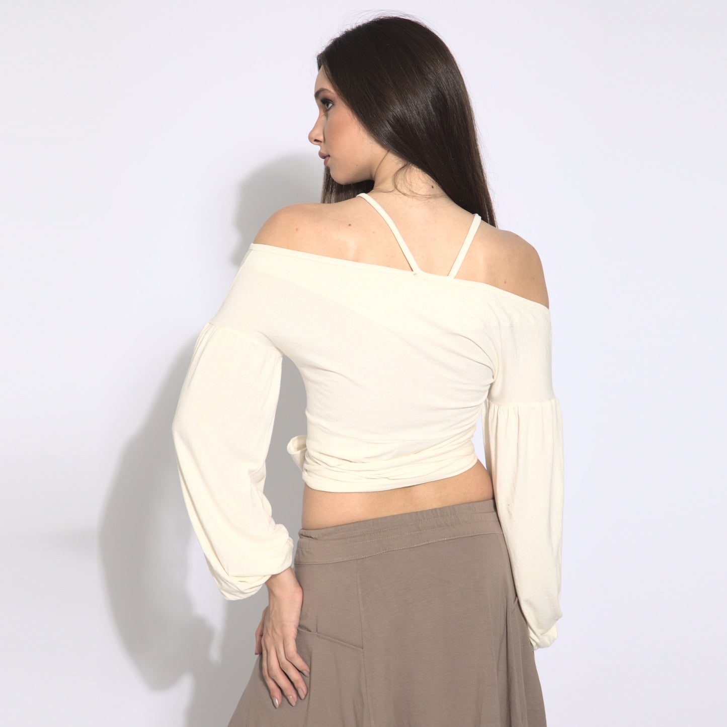 Stripes - Blusa cropped mangas bufantes com amarração
