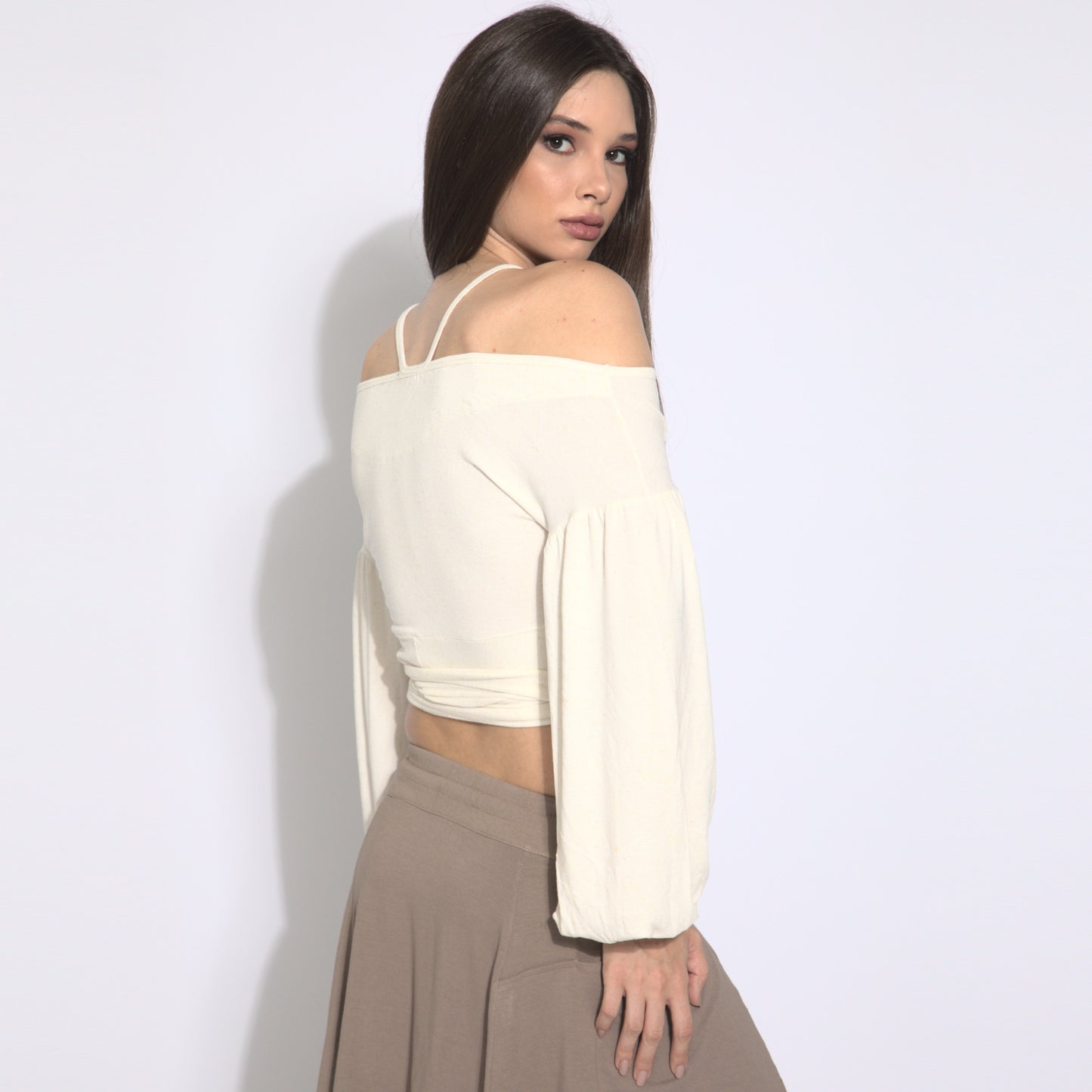 Stripes - Blusa cropped mangas bufantes com amarração