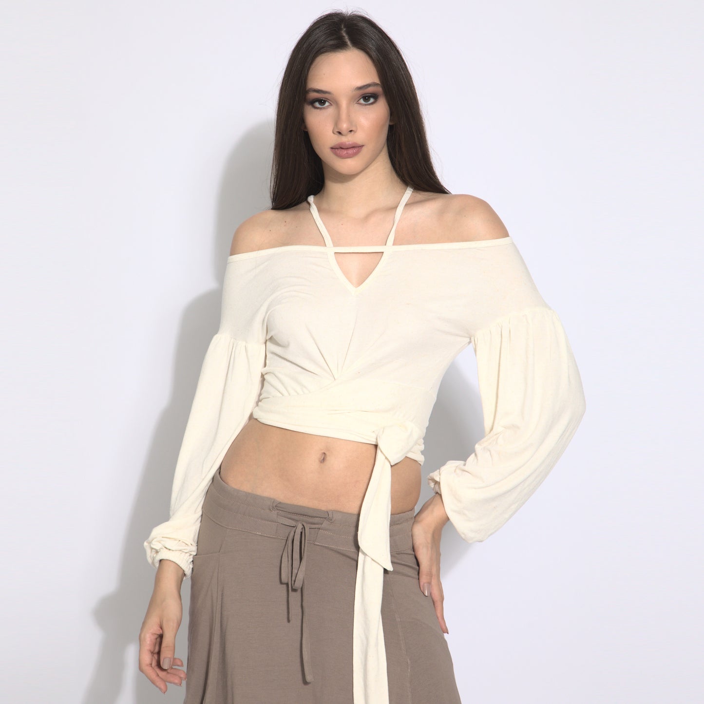 Stripes - Blusa cropped mangas bufantes com amarração