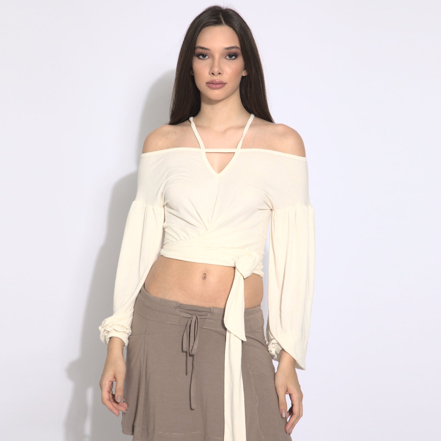 Stripes - Blusa cropped mangas bufantes com amarração