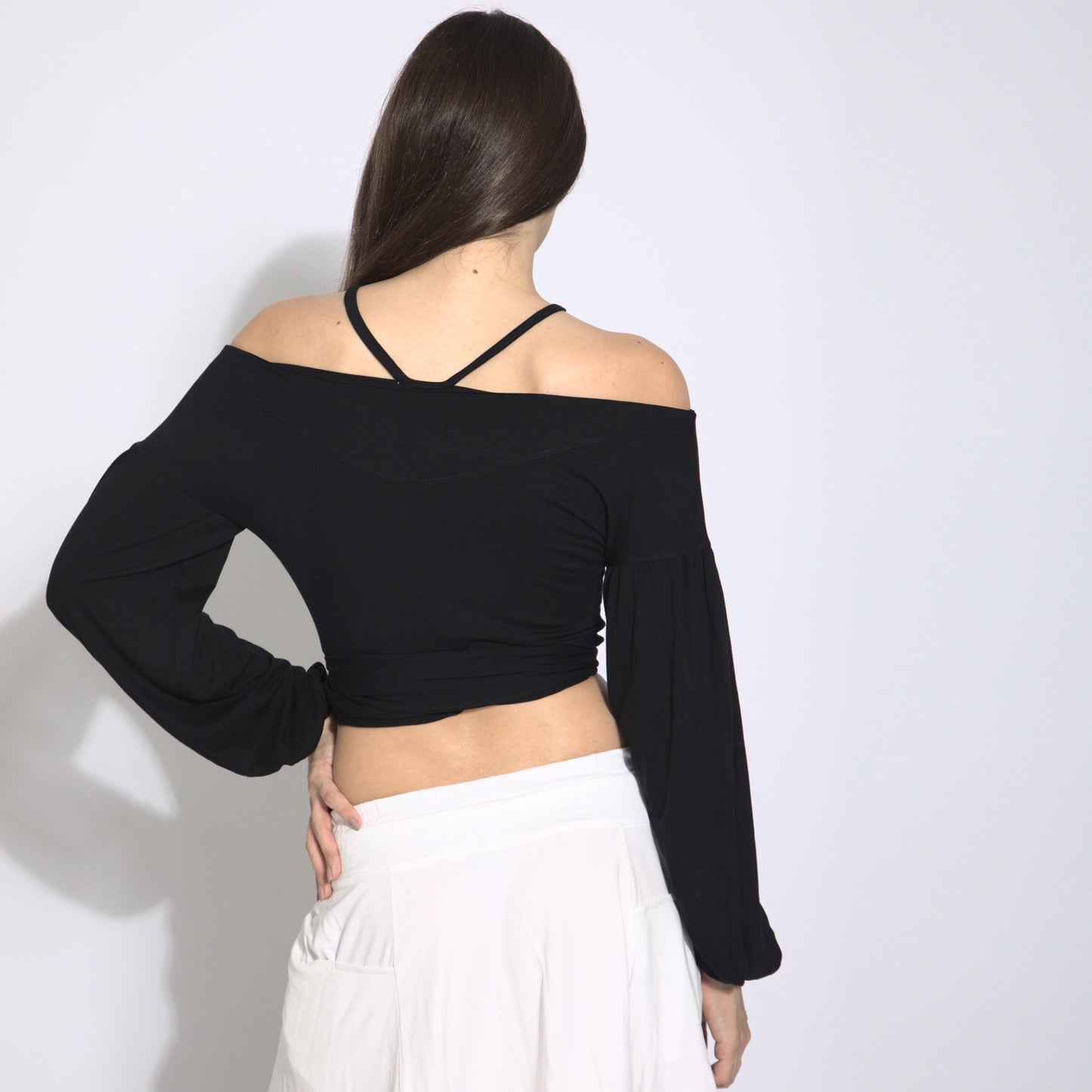 Stripes - Blusa cropped mangas bufantes com amarração