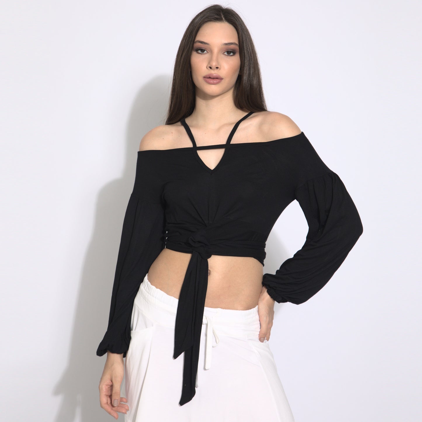 Stripes - Blusa cropped mangas bufantes com amarração