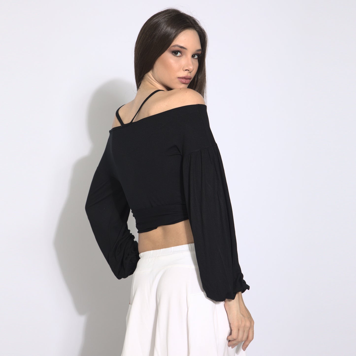 Stripes - Blusa cropped mangas bufantes com amarração