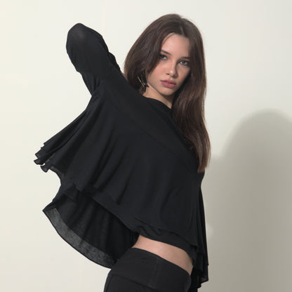 Isla - Blusa boho de malha com babados e manga comprida na cor preta