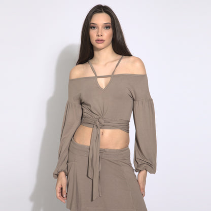 Stripes - Blusa cropped mangas bufantes com amarração