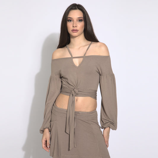 Stripes - Blusa cropped mangas bufantes com amarração