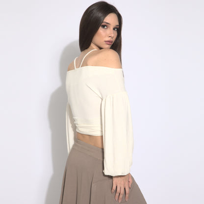 Stripes - Blusa cropped mangas bufantes com amarração