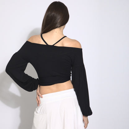 Stripes - Blusa cropped mangas bufantes com amarração