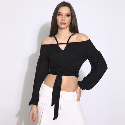 Stripes - Blusa cropped mangas bufantes com amarração