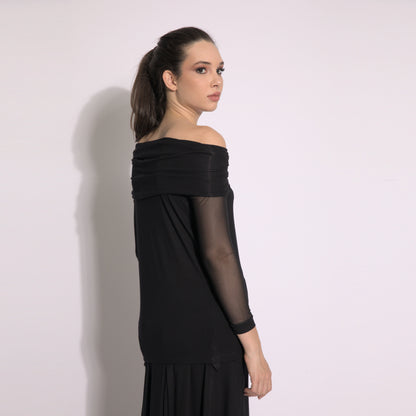 Isabella - Blusa decote ombro a ombro e mangas em tule preto
