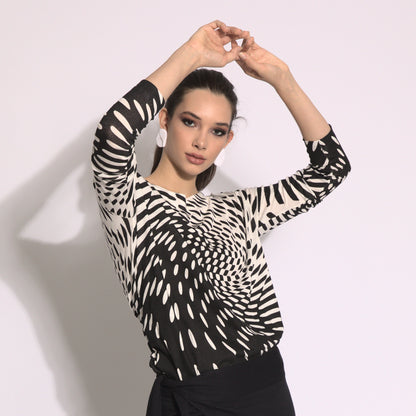 Efeito ótico - blusa em malha manga comprida cor off-white e preto