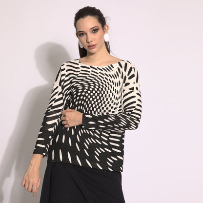 Efeito ótico - blusa em malha manga comprida cor off-white e preto