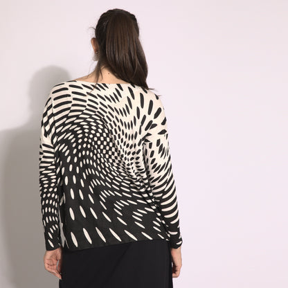 Efeito ótico - blusa em malha manga comprida cor off-white e preto