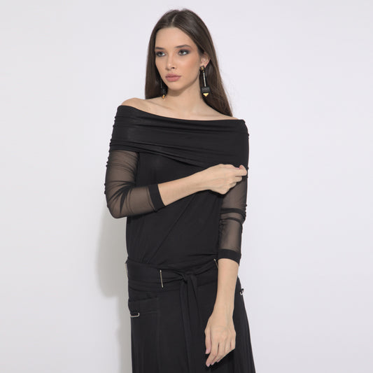 Isabella - Blusa decote ombro a ombro e mangas em tule preto