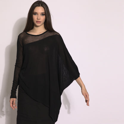 Kaya - Blusa de tricot assimétrica na cor preta com transparencia