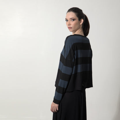 Jenny - Blusa listrada manga longa preto e azul
