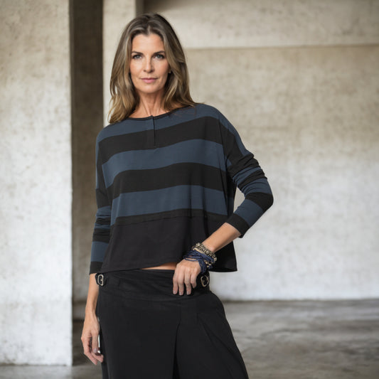Jenny - Blusa listrada manga longa preto e azul