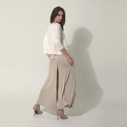 Cleo - Saia-calça de malha com cinto na cor bege Saara