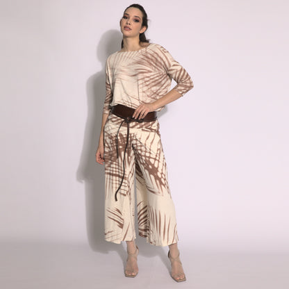 Folhagens - Saia-calça em malha estampada cor linho e argila