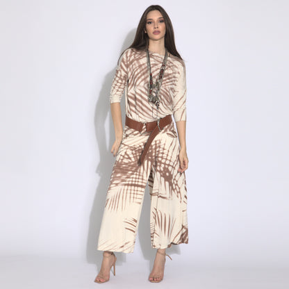 Folhagens - Saia-calça em malha estampada cor linho e argila