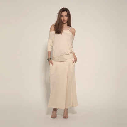 Cleo - Saia-calça de malha com cinto na cor de trigo