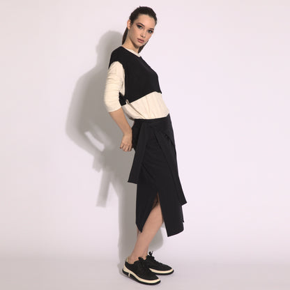 Stella - Saia envelope midi em moleton com amarração preta
