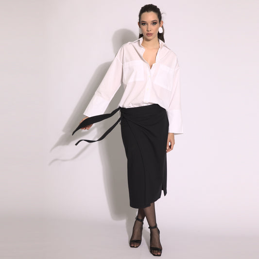 Stella - Saia envelope midi em moleton com amarração preta