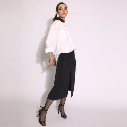 Stella - Saia envelope midi em moleton com amarração preta