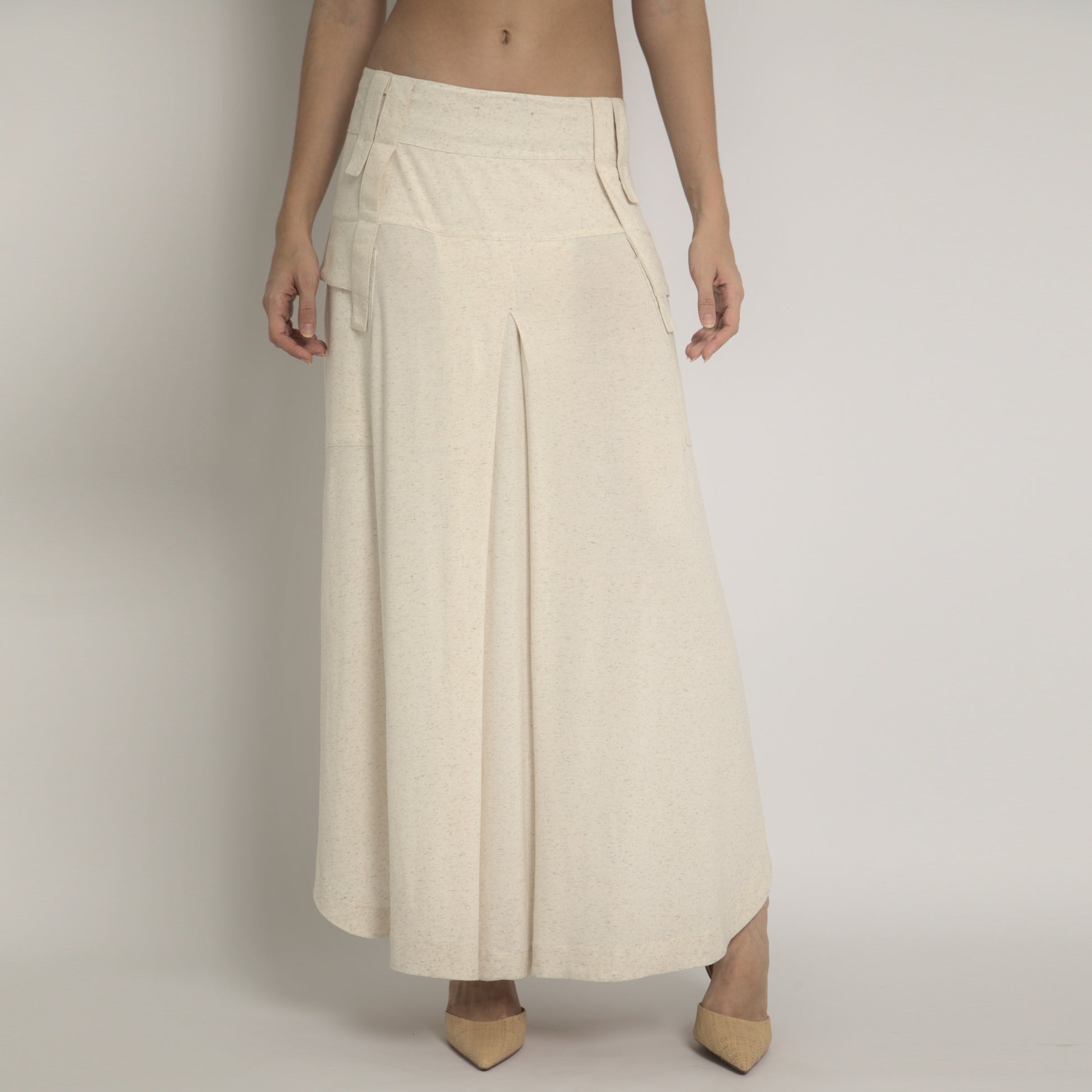 Saia maxi malha off white longa feminina cargo fendas laterais