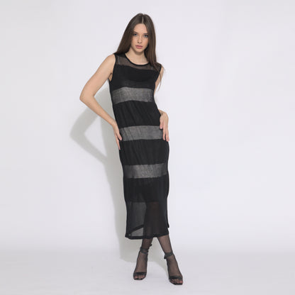 Harper - Vestido de tricot listrado em preto com transparencias