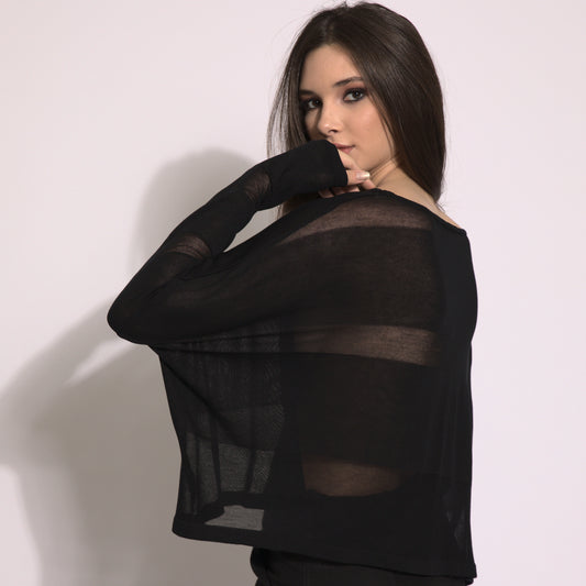 Giselle - Blusa de tricot listrada em preto com transparencias