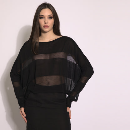 Giselle - Blusa de tricot listrada em preto com transparencias