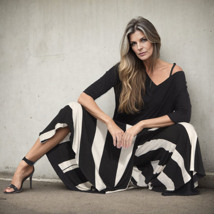 Sienna – saia calça listrada de preto e branco