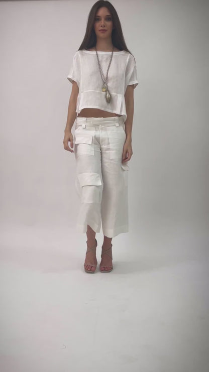 Maya - Calça cargo cropped em puro linho