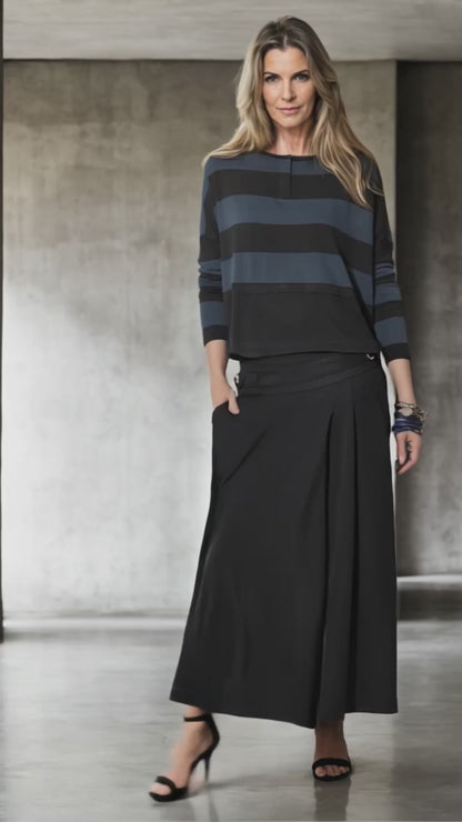 Jenny - Blusa listrada manga longa preto e azul