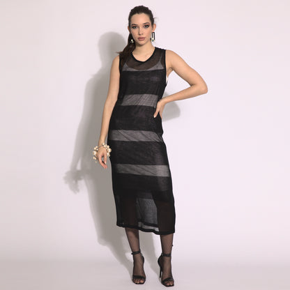 Harper - Vestido de tricot listrado em preto com transparencias