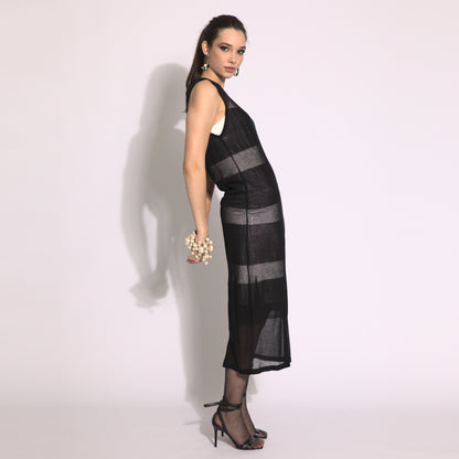 Harper - Vestido de tricot listrado em preto com transparencias