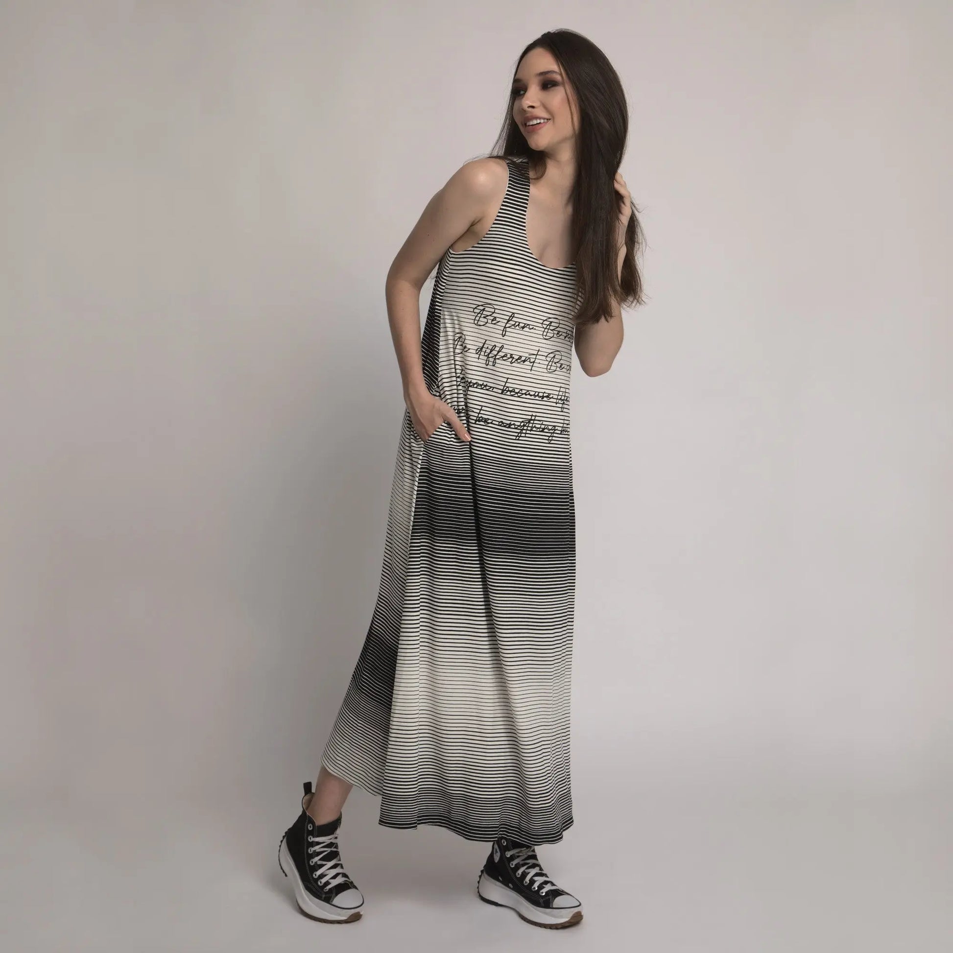 Be Happy - Vestido longo listrado em degradé Água do Mar