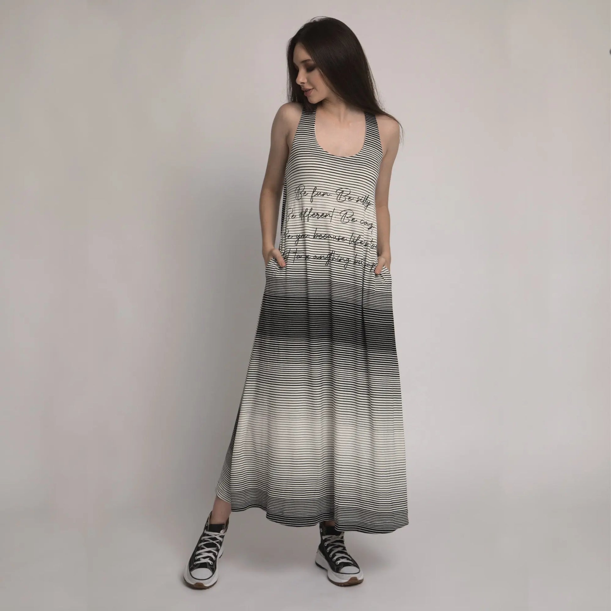 Be Happy - Vestido longo listrado em degradé Água do Mar